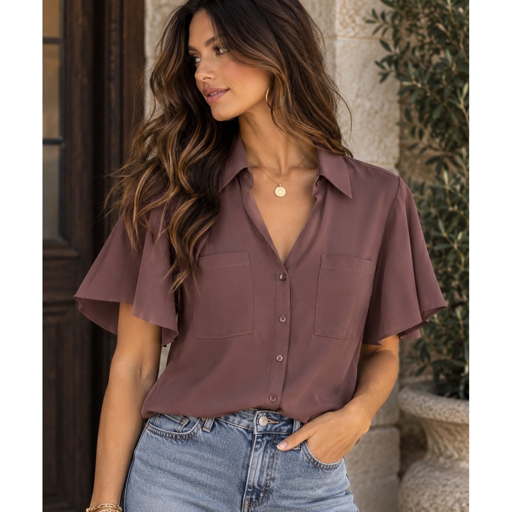 EXPRESS Portofino Flutter Sleeve Blouse | Plum Brown | S